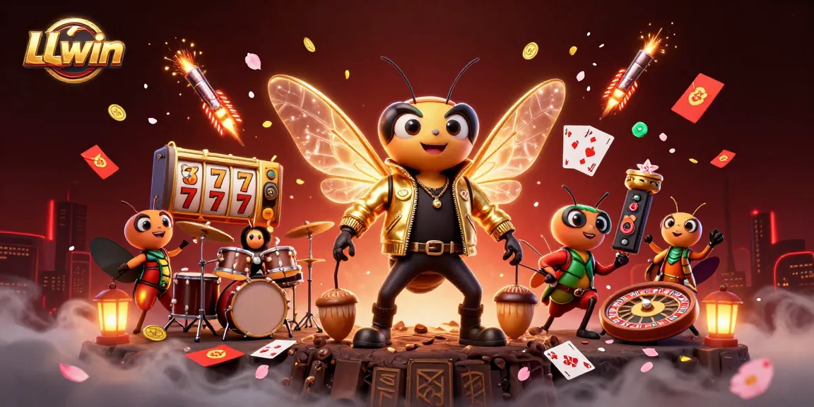 Experience LLwin's thrilling casino vibes with an electric cicada rock star and vibrant gaming elements.