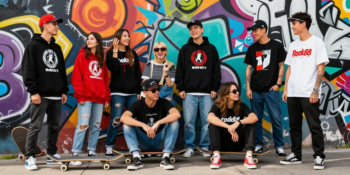 Stylish young adults wearing rokok88 exclusive merchandise in vibrant street setting.