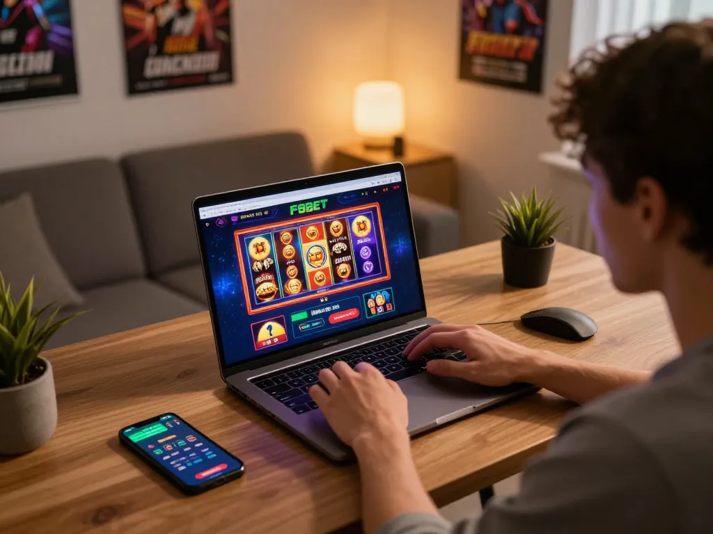 F8BET online gaming setup showing vibrant interface and engaged player enjoying home gambling experience.