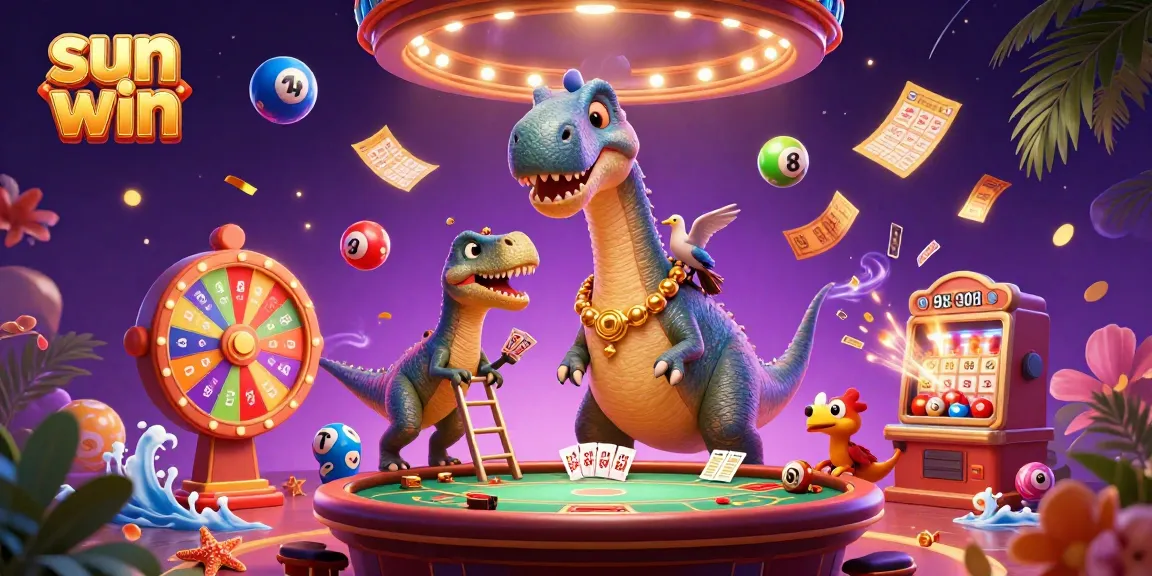 Experience thrilling wins at sun win with a vibrant 3D casino illustration of unique characters amidst casino games.