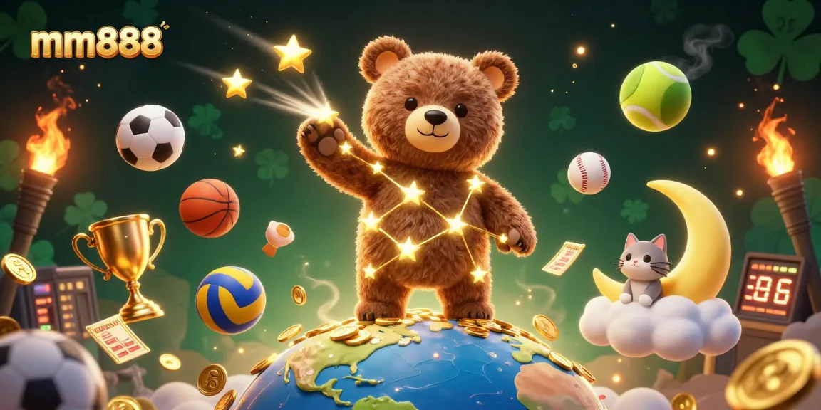 Experience exciting wins with mm888 in a vibrant 3D casino scene filled with sports elements and golden treasures.