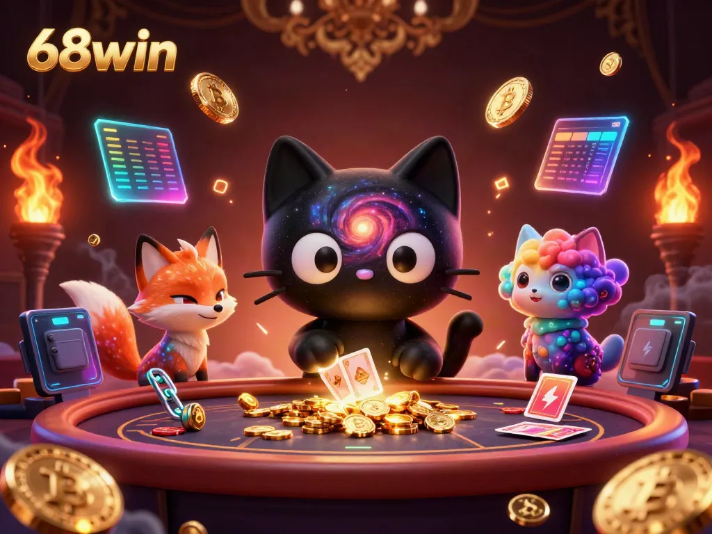Experience the thrill of 68win as a cosmic black hole cat pulls in limitless winnings at a vibrant casino.