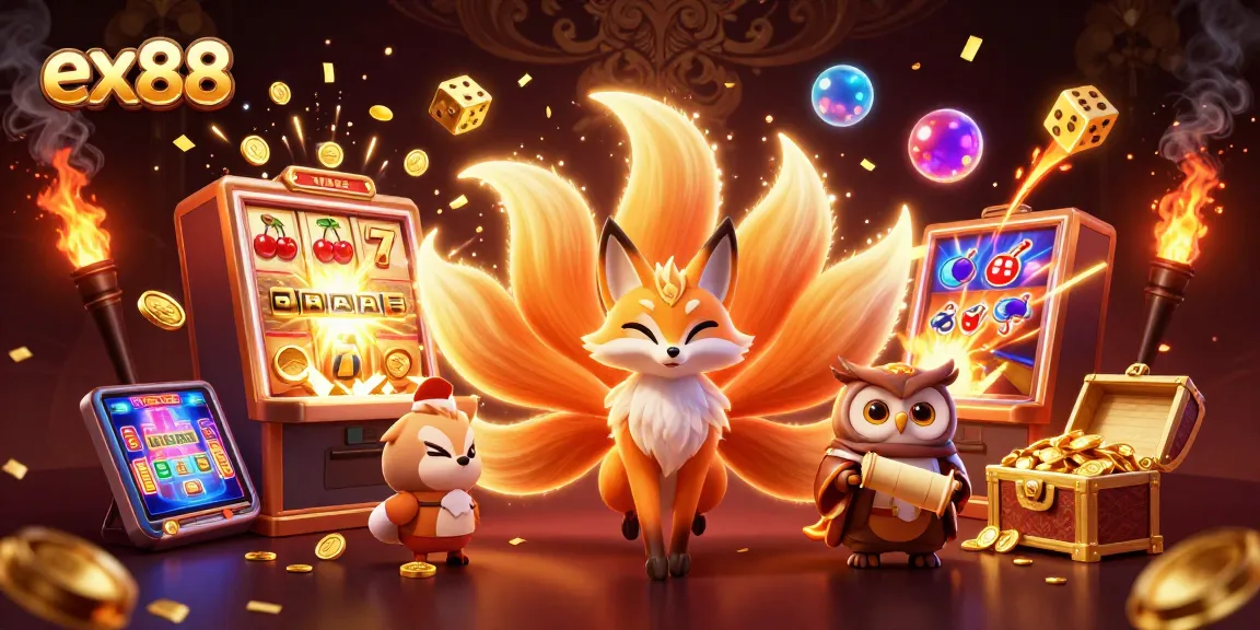 Experience the excitement of ex88 with a vibrant 3D casino scene full of colorful characters and jackpot-winning elements.