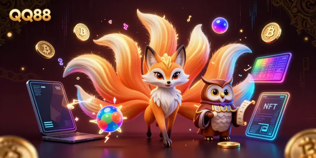 Experience vibrant QQ88 gaming energy with a nine-tailed fox, sage, and dynamic crypto elements.