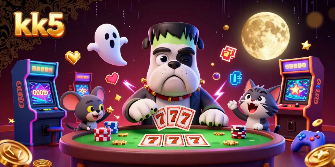 kk5 engaging players at a spooky casino table with a bulldog monster dealing cards and vibrant game elements