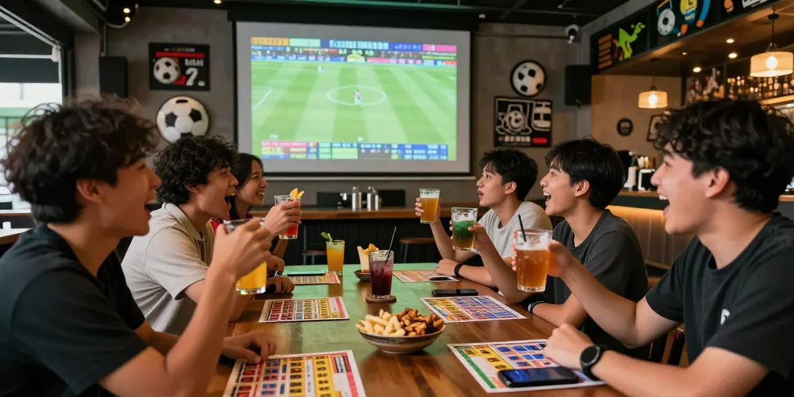 Cheering friends at a sports bar during a Football Betting Malaysia match, vibrant atmosphere.