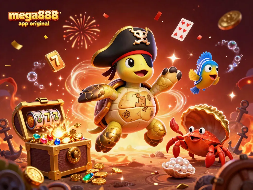 Experience the mega888 app original as a pirate turtle and friends celebrate near a jackpot.