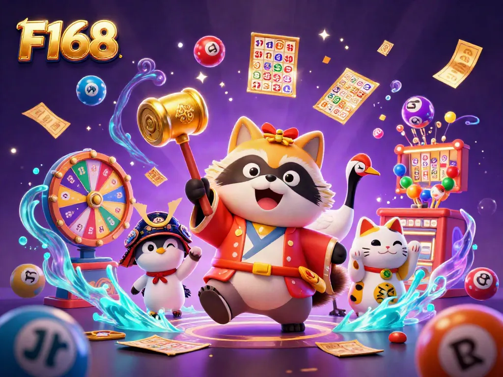Play exciting games with F168's vibrant characters and dynamic casino elements in a stunning illustration.