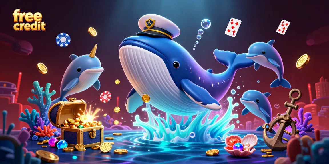 Experience free credit bonuses with a whale captain and playful dolphins in a vibrant casino scene.