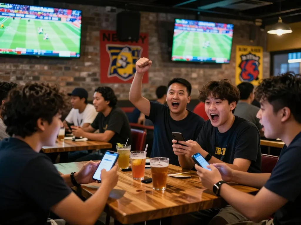 Fans engaged in keo nha cai betting at a lively sports bar, watching live sports on large screens.