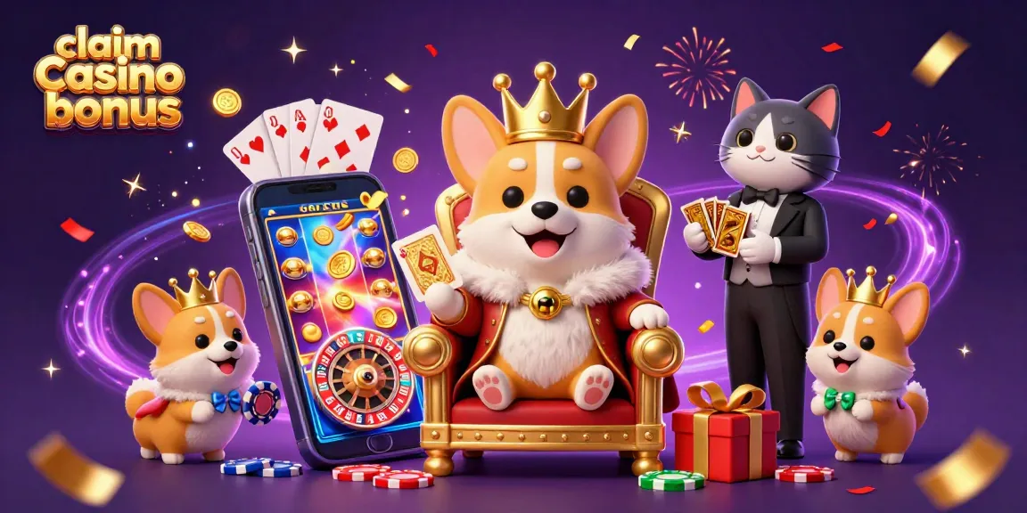 Claim casino bonus with festive corgi royalty and dynamic casino elements.