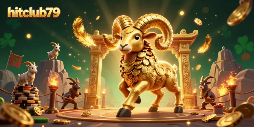 Experience the thrill of hitclub79 with a golden ram charging through a casino arena filled with game elements.