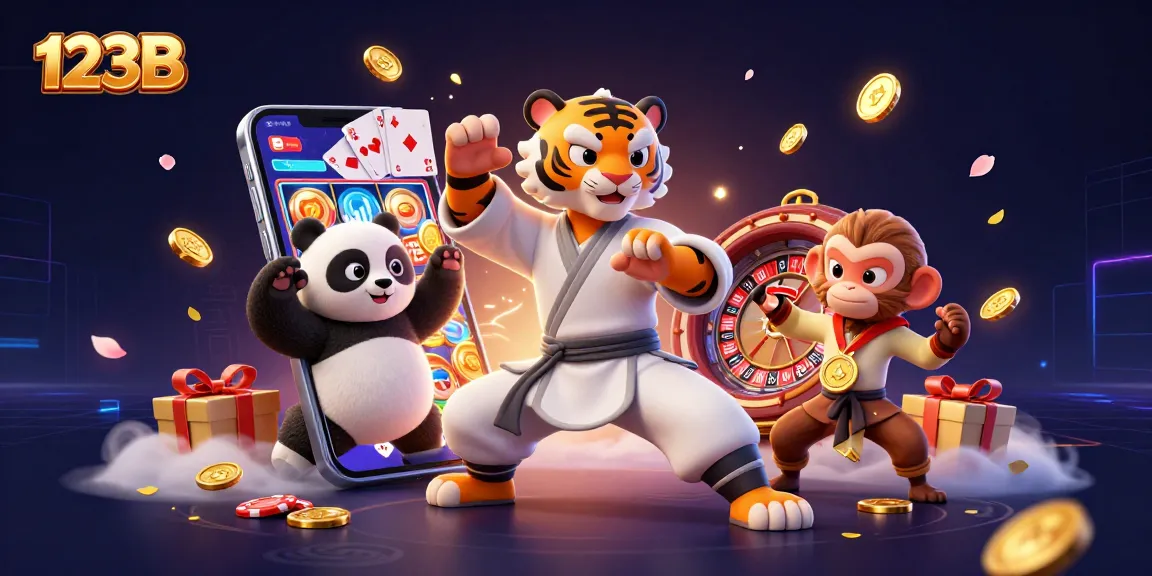 Engage in thrilling gameplay at 123B with cartoon characters in a dynamic casino scene featuring slots and roulette.