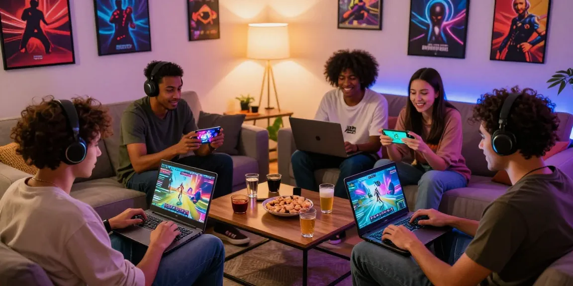 Friends play porn games together on laptops and smartphones in a cozy living room setting.