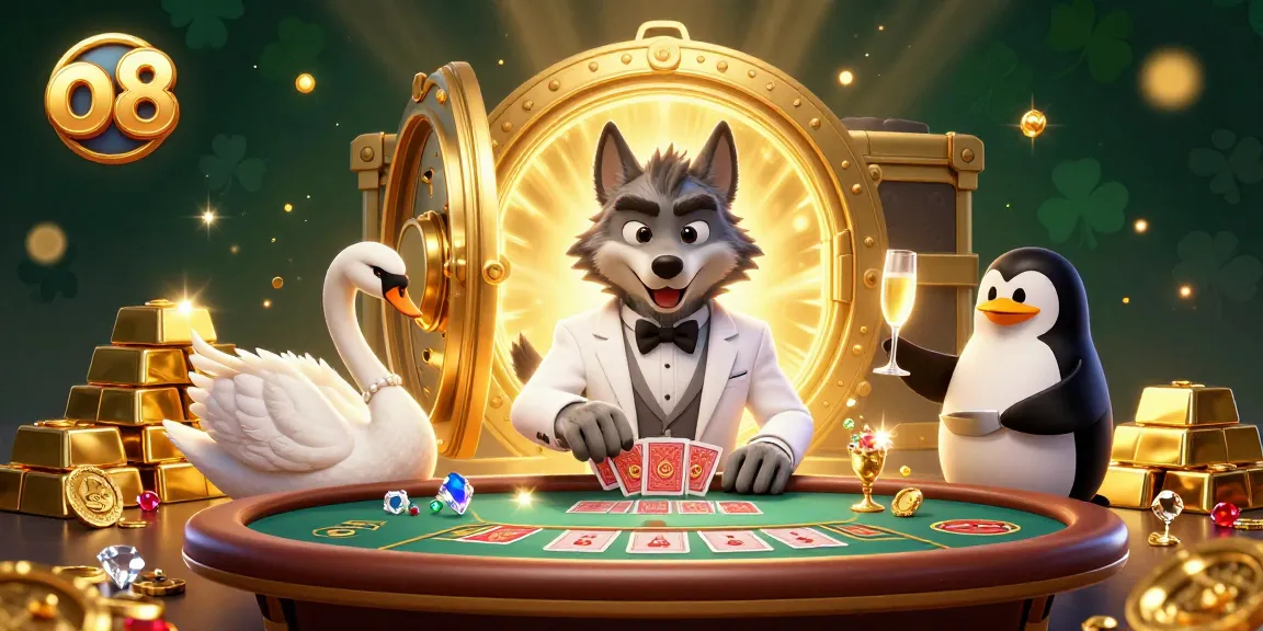 Engage in thrilling gameplay at o8, featuring a debonair wolf and swan dealer amidst sparkling treasures.