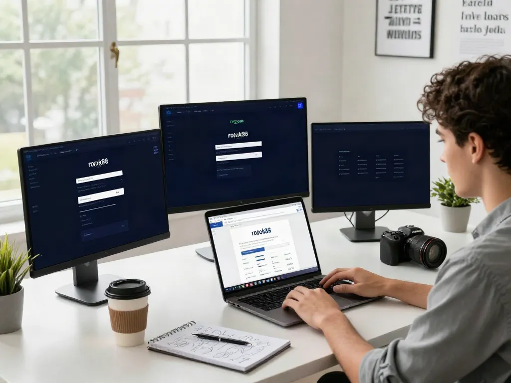 A professional analyzing rokok88 login data in a modern office environment, surrounded by digital tools and natural light.