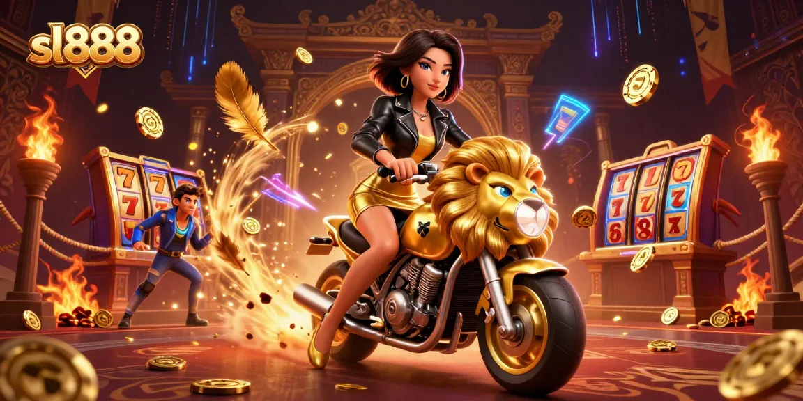 Experience the thrills of sl888 as a glamorous character rides a golden lion, surrounded by exciting casino elements.