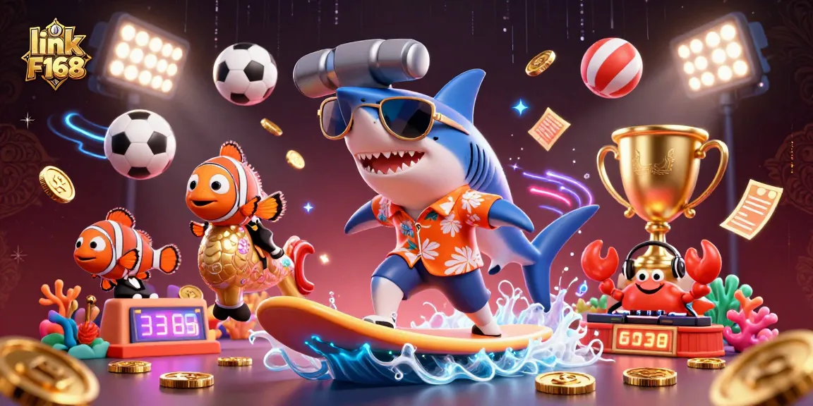 Engage with link F168 through a vibrant 3D scene of a shark, clownfish, and crab in a casino setting.