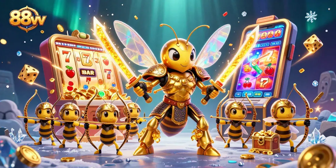 Engage with stunning 88vv casino action featuring a giant hornet and vibrant slot machine.
