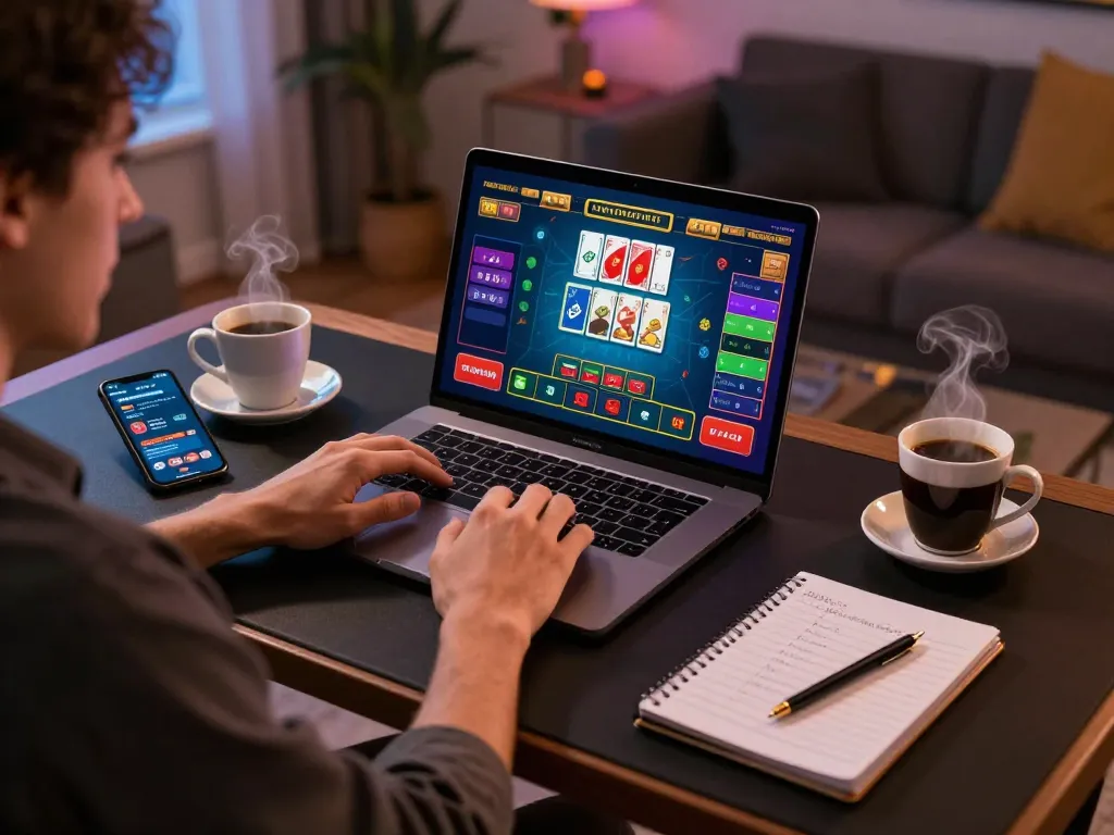 RR88 player engaging in live baccarat game on laptop, strategic gaming setup visible.