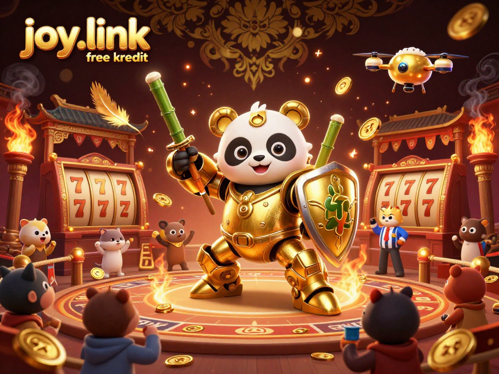 Engage with joy.link free kredit in this lively casino illustration featuring a dynamic panda robot amidst slot games.