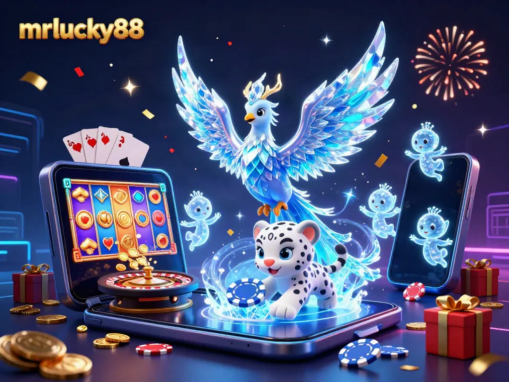 Experience the exciting world of mrlucky88 with a magical scene of playful characters and gaming elements.