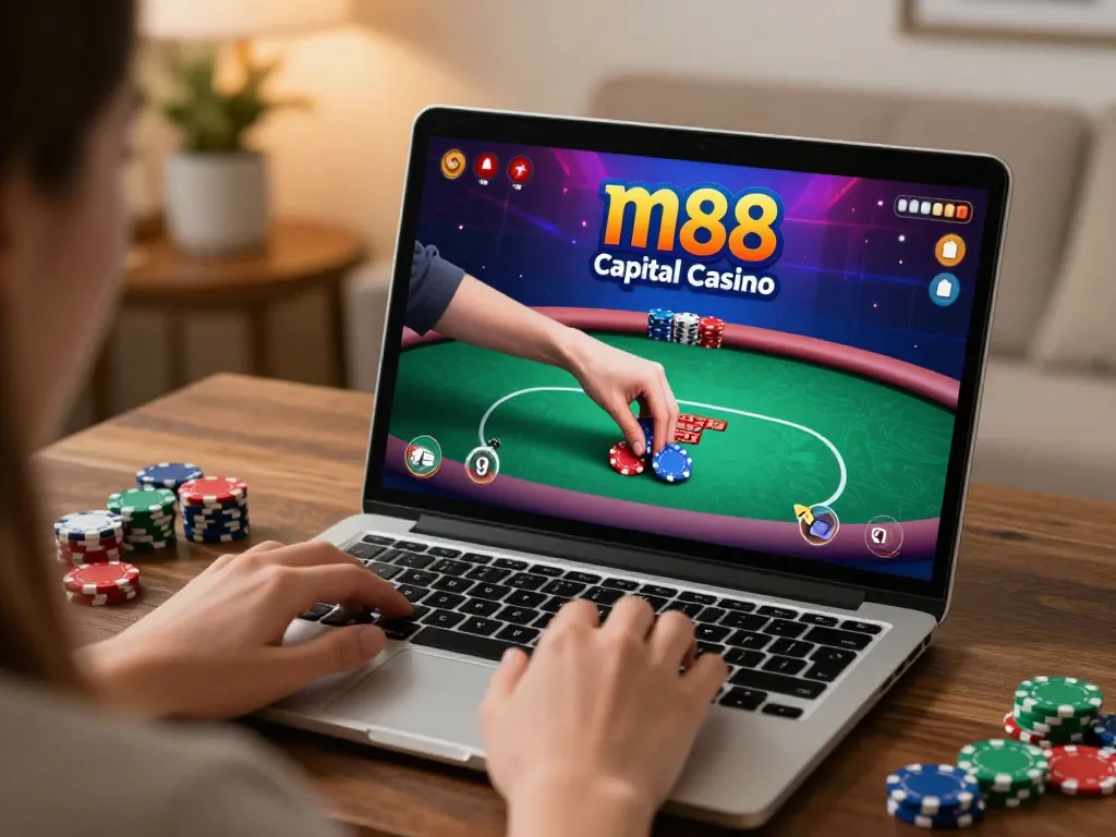 Engaging online gaming experience with m88 capital casino on laptop, vibrant poker interface.