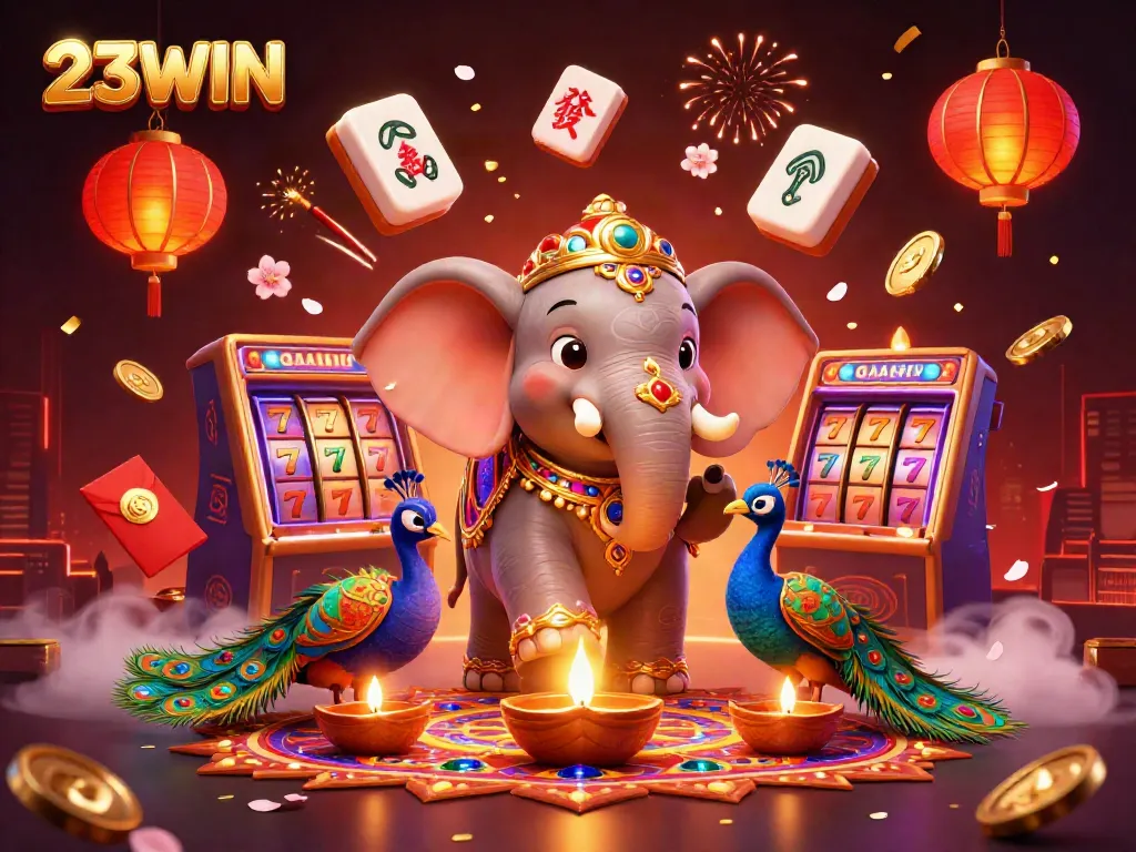 Engage in the vibrant world of 23WIN with a rich casino scene featuring an elephant and peacock.