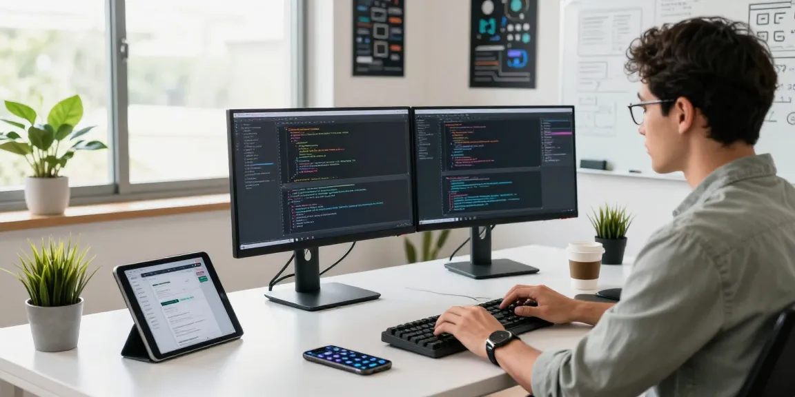 Workspace showcasing WPS Official Website tools for software development with dual monitors, a developer coding, and natural light enhancing productivity.