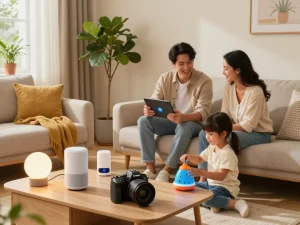 Family enjoying tech gadgets for home in a modern living room with smart devices and Bluetooth toys.