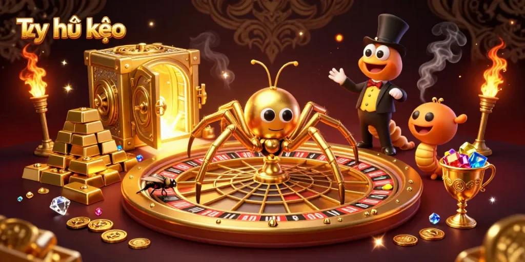 Experience Tỷ lệ kèo excitement with a golden spider and blazing treasures in this dynamic gambling scene.