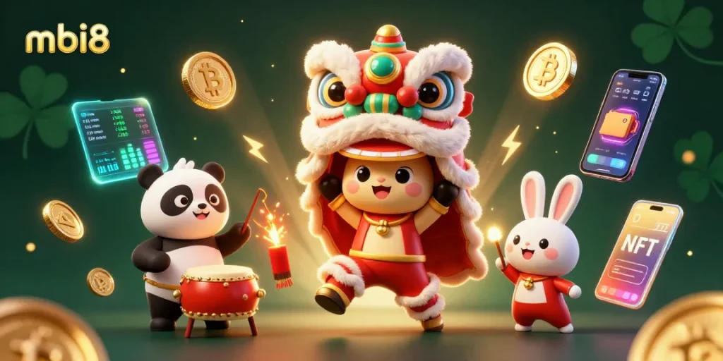 Win big at mbi8 with an exciting 3D illustration of a festive lion dance and crypto elements.