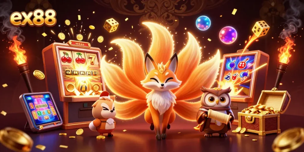 Experience the excitement of ex88 with a vibrant 3D casino scene full of colorful characters and jackpot-winning elements.