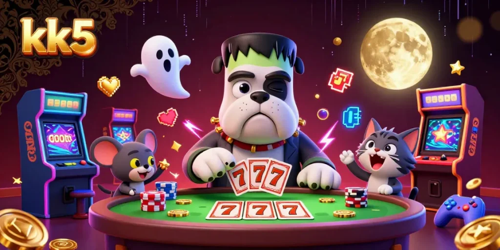 kk5 engaging players at a spooky casino table with a bulldog monster dealing cards and vibrant game elements