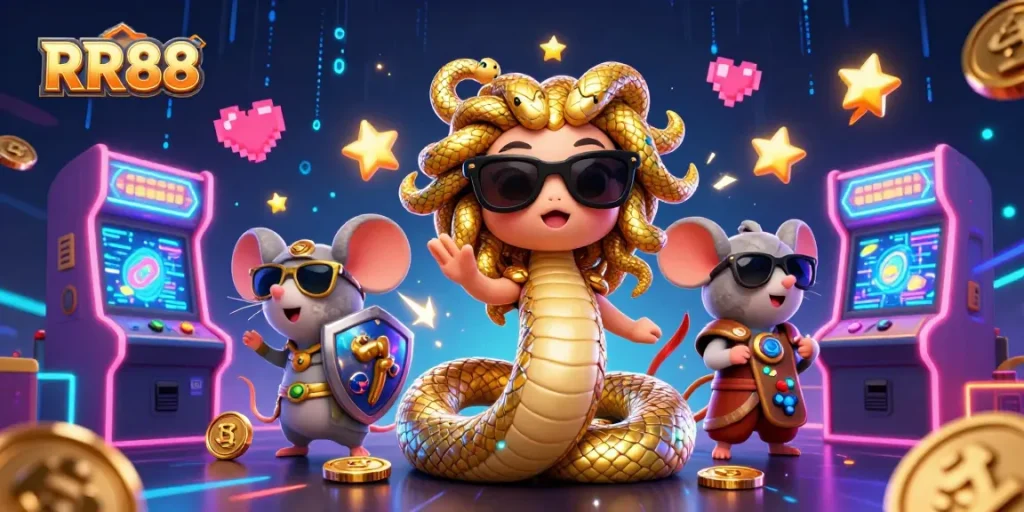 Experience the excitement of RR88 with a lively 3D illustration showcasing a fun digital casino scene.